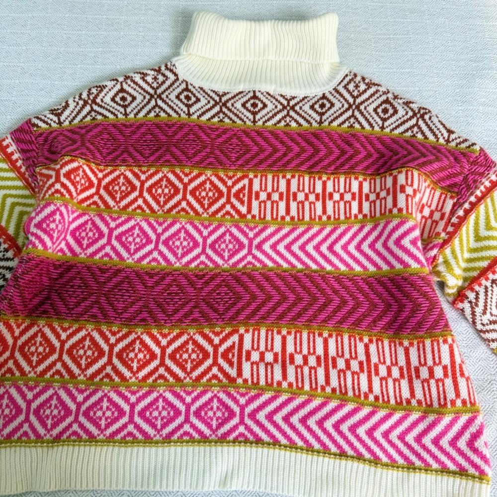 Fate Womens Pink Orange Geometric Fair Isle Turtleneck Sweater Size S
